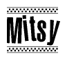The image contains the text Mitsy in a bold, stylized font, with a checkered flag pattern bordering the top and bottom of the text.