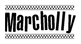 The clipart image displays the text Marcholly in a bold, stylized font. It is enclosed in a rectangular border with a checkerboard pattern running below and above the text, similar to a finish line in racing. 