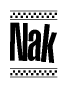 The image contains the text Nak in a bold, stylized font, with a checkered flag pattern bordering the top and bottom of the text.
