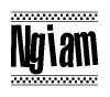 The image is a black and white clipart of the text Ngiam in a bold, italicized font. The text is bordered by a dotted line on the top and bottom, and there are checkered flags positioned at both ends of the text, usually associated with racing or finishing lines.
