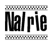 The image is a black and white clipart of the text Nalrie in a bold, italicized font. The text is bordered by a dotted line on the top and bottom, and there are checkered flags positioned at both ends of the text, usually associated with racing or finishing lines.