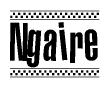 The image is a black and white clipart of the text Ngaire in a bold, italicized font. The text is bordered by a dotted line on the top and bottom, and there are checkered flags positioned at both ends of the text, usually associated with racing or finishing lines.