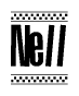 The image is a black and white clipart of the text Nell in a bold, italicized font. The text is bordered by a dotted line on the top and bottom, and there are checkered flags positioned at both ends of the text, usually associated with racing or finishing lines.