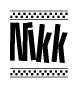 The image is a black and white clipart of the text Nikk in a bold, italicized font. The text is bordered by a dotted line on the top and bottom, and there are checkered flags positioned at both ends of the text, usually associated with racing or finishing lines.