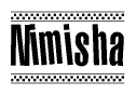 The image contains the text Nimisha in a bold, stylized font, with a checkered flag pattern bordering the top and bottom of the text.