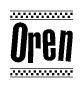 The clipart image displays the text Oren in a bold, stylized font. It is enclosed in a rectangular border with a checkerboard pattern running below and above the text, similar to a finish line in racing. 