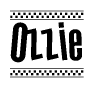 The image is a black and white clipart of the text Ozzie in a bold, italicized font. The text is bordered by a dotted line on the top and bottom, and there are checkered flags positioned at both ends of the text, usually associated with racing or finishing lines.