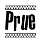 The image contains the text Prue in a bold, stylized font, with a checkered flag pattern bordering the top and bottom of the text.