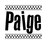 The clipart image displays the text Paige in a bold, stylized font. It is enclosed in a rectangular border with a checkerboard pattern running below and above the text, similar to a finish line in racing. 