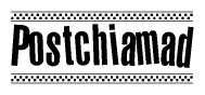 The image is a black and white clipart of the text Postchiamad in a bold, italicized font. The text is bordered by a dotted line on the top and bottom, and there are checkered flags positioned at both ends of the text, usually associated with racing or finishing lines.