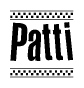 The image is a black and white clipart of the text Patti in a bold, italicized font. The text is bordered by a dotted line on the top and bottom, and there are checkered flags positioned at both ends of the text, usually associated with racing or finishing lines.