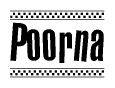 The image contains the text Poorna in a bold, stylized font, with a checkered flag pattern bordering the top and bottom of the text.
