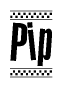 The image is a black and white clipart of the text Pip in a bold, italicized font. The text is bordered by a dotted line on the top and bottom, and there are checkered flags positioned at both ends of the text, usually associated with racing or finishing lines.