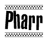 The image is a black and white clipart of the text Pharr in a bold, italicized font. The text is bordered by a dotted line on the top and bottom, and there are checkered flags positioned at both ends of the text, usually associated with racing or finishing lines.