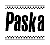 The image is a black and white clipart of the text Paska in a bold, italicized font. The text is bordered by a dotted line on the top and bottom, and there are checkered flags positioned at both ends of the text, usually associated with racing or finishing lines.