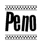 The image is a black and white clipart of the text Peno in a bold, italicized font. The text is bordered by a dotted line on the top and bottom, and there are checkered flags positioned at both ends of the text, usually associated with racing or finishing lines.