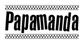 The image contains the text Papamanda in a bold, stylized font, with a checkered flag pattern bordering the top and bottom of the text.