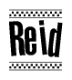 The image contains the text Reid in a bold, stylized font, with a checkered flag pattern bordering the top and bottom of the text.