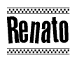 The clipart image displays the text Renato in a bold, stylized font. It is enclosed in a rectangular border with a checkerboard pattern running below and above the text, similar to a finish line in racing. 