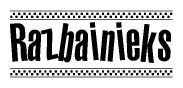The image is a black and white clipart of the text Razbainieks in a bold, italicized font. The text is bordered by a dotted line on the top and bottom, and there are checkered flags positioned at both ends of the text, usually associated with racing or finishing lines.