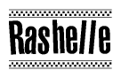 The clipart image displays the text Rashelle in a bold, stylized font. It is enclosed in a rectangular border with a checkerboard pattern running below and above the text, similar to a finish line in racing. 