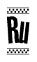 The image is a black and white clipart of the text Ru in a bold, italicized font. The text is bordered by a dotted line on the top and bottom, and there are checkered flags positioned at both ends of the text, usually associated with racing or finishing lines.
