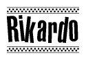 The image is a black and white clipart of the text Rikardo in a bold, italicized font. The text is bordered by a dotted line on the top and bottom, and there are checkered flags positioned at both ends of the text, usually associated with racing or finishing lines.