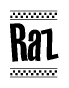 The image contains the text Raz in a bold, stylized font, with a checkered flag pattern bordering the top and bottom of the text.