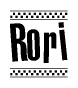 The clipart image displays the text Rori in a bold, stylized font. It is enclosed in a rectangular border with a checkerboard pattern running below and above the text, similar to a finish line in racing. 