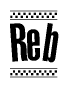 The clipart image displays the text Reb in a bold, stylized font. It is enclosed in a rectangular border with a checkerboard pattern running below and above the text, similar to a finish line in racing. 