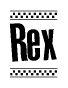 The clipart image displays the text Rex in a bold, stylized font. It is enclosed in a rectangular border with a checkerboard pattern running below and above the text, similar to a finish line in racing. 