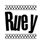 The image contains the text Ruey in a bold, stylized font, with a checkered flag pattern bordering the top and bottom of the text.