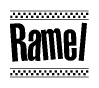 The image is a black and white clipart of the text Ramel in a bold, italicized font. The text is bordered by a dotted line on the top and bottom, and there are checkered flags positioned at both ends of the text, usually associated with racing or finishing lines.