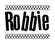 The image is a black and white clipart of the text Robbie in a bold, italicized font. The text is bordered by a dotted line on the top and bottom, and there are checkered flags positioned at both ends of the text, usually associated with racing or finishing lines.