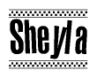 The image is a black and white clipart of the text Sheyla in a bold, italicized font. The text is bordered by a dotted line on the top and bottom, and there are checkered flags positioned at both ends of the text, usually associated with racing or finishing lines.