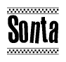 The image is a black and white clipart of the text Sonta in a bold, italicized font. The text is bordered by a dotted line on the top and bottom, and there are checkered flags positioned at both ends of the text, usually associated with racing or finishing lines.
