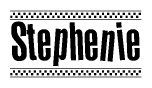 The image is a black and white clipart of the text Stephenie in a bold, italicized font. The text is bordered by a dotted line on the top and bottom, and there are checkered flags positioned at both ends of the text, usually associated with racing or finishing lines.
