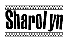 The image contains the text Sharolyn in a bold, stylized font, with a checkered flag pattern bordering the top and bottom of the text.
