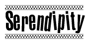 The image is a black and white clipart of the text Serendipity in a bold, italicized font. The text is bordered by a dotted line on the top and bottom, and there are checkered flags positioned at both ends of the text, usually associated with racing or finishing lines.