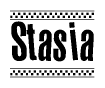 The image is a black and white clipart of the text Stasia in a bold, italicized font. The text is bordered by a dotted line on the top and bottom, and there are checkered flags positioned at both ends of the text, usually associated with racing or finishing lines.