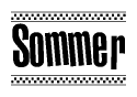 The image is a black and white clipart of the text Sommer in a bold, italicized font. The text is bordered by a dotted line on the top and bottom, and there are checkered flags positioned at both ends of the text, usually associated with racing or finishing lines.