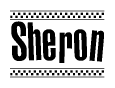 The clipart image displays the text Sheron in a bold, stylized font. It is enclosed in a rectangular border with a checkerboard pattern running below and above the text, similar to a finish line in racing. 