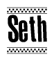 The image contains the text Seth in a bold, stylized font, with a checkered flag pattern bordering the top and bottom of the text.