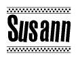 The image is a black and white clipart of the text Susann in a bold, italicized font. The text is bordered by a dotted line on the top and bottom, and there are checkered flags positioned at both ends of the text, usually associated with racing or finishing lines.