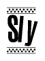 The image is a black and white clipart of the text Sly in a bold, italicized font. The text is bordered by a dotted line on the top and bottom, and there are checkered flags positioned at both ends of the text, usually associated with racing or finishing lines.