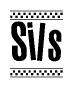 The image is a black and white clipart of the text Sils in a bold, italicized font. The text is bordered by a dotted line on the top and bottom, and there are checkered flags positioned at both ends of the text, usually associated with racing or finishing lines.