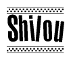 The image is a black and white clipart of the text Shilou in a bold, italicized font. The text is bordered by a dotted line on the top and bottom, and there are checkered flags positioned at both ends of the text, usually associated with racing or finishing lines.
