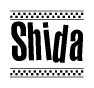 The image is a black and white clipart of the text Shida in a bold, italicized font. The text is bordered by a dotted line on the top and bottom, and there are checkered flags positioned at both ends of the text, usually associated with racing or finishing lines.