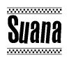 The image is a black and white clipart of the text Suana in a bold, italicized font. The text is bordered by a dotted line on the top and bottom, and there are checkered flags positioned at both ends of the text, usually associated with racing or finishing lines.