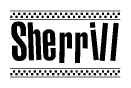 The image contains the text Sherrill in a bold, stylized font, with a checkered flag pattern bordering the top and bottom of the text.